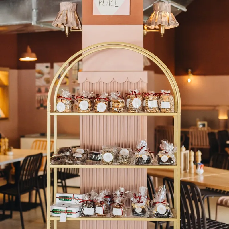 Tiered stand of cakes and treats in the cafe